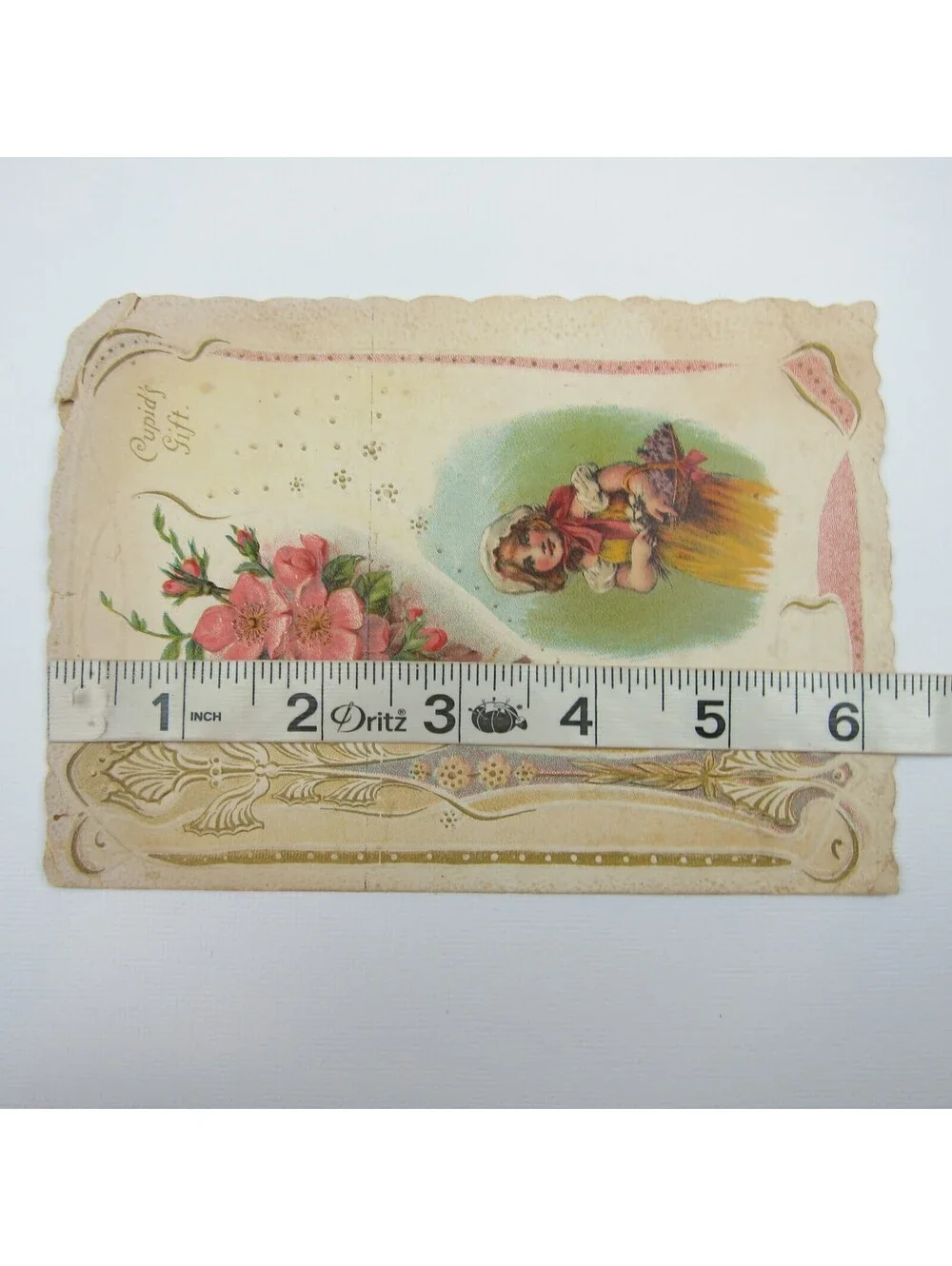 Valentine Card Girl Bonnet Yellow Dress Flowers Embossed Die cut Bifold Antique